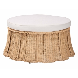 bali & pari Ying Round Natural Rattan Ottoman with Cushion - Handwoven Wicker Pleated Skirt Accent Coffee Table or Extra Seating for Living Room or Sunroom, Large